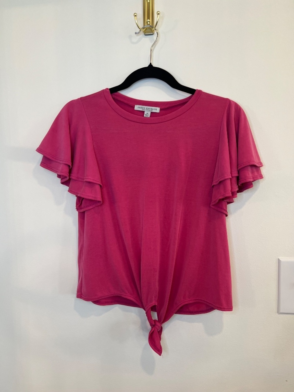 Green Envelope LA Pink Flutter Sleeve Tie Front Top XS Boho Feminine Soft Girl